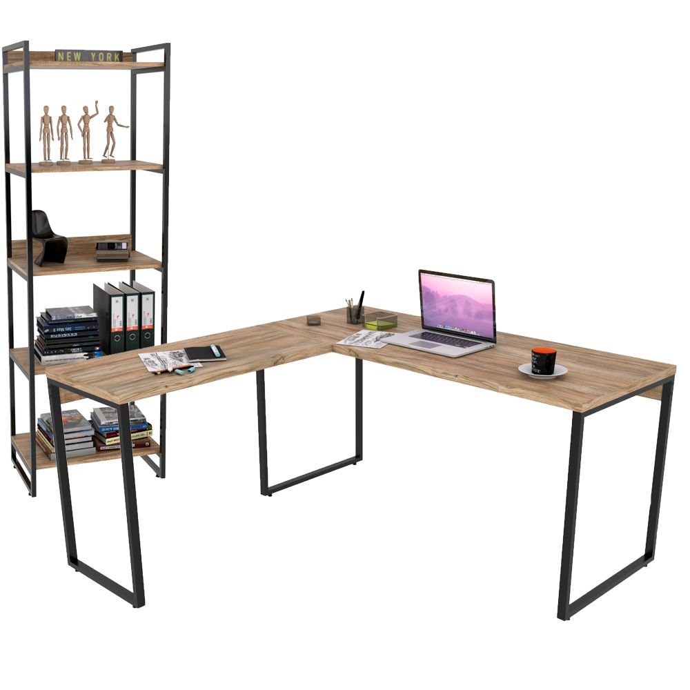 Kit Mesa De Escritório Industrial em L com Estante 5 Prateleiras Form C01 150x150 Carvalho - Lyam Decor