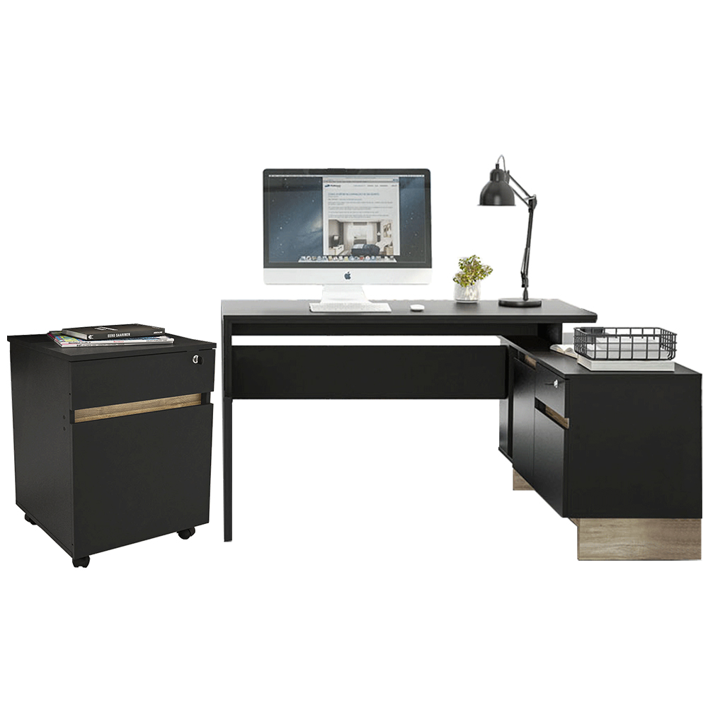 Kit Mesa Em L Para Escritório Home Office Com Gaveteiro Los Angeles P01 Preto Carvalho - Lyam Decor