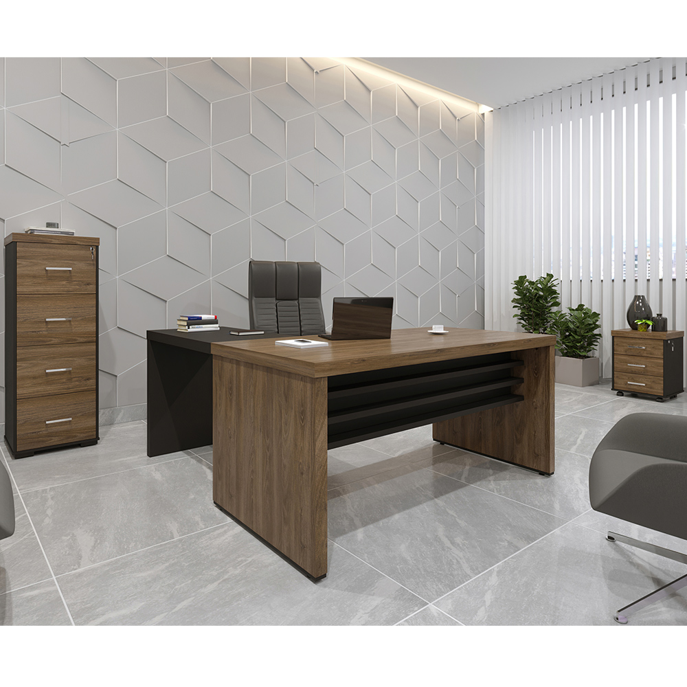 Kit Mesa Escritório 158cm Armário Arquivo E Gaveteiro Atria Executiva A02 Charuto Preto - Lyam Decor