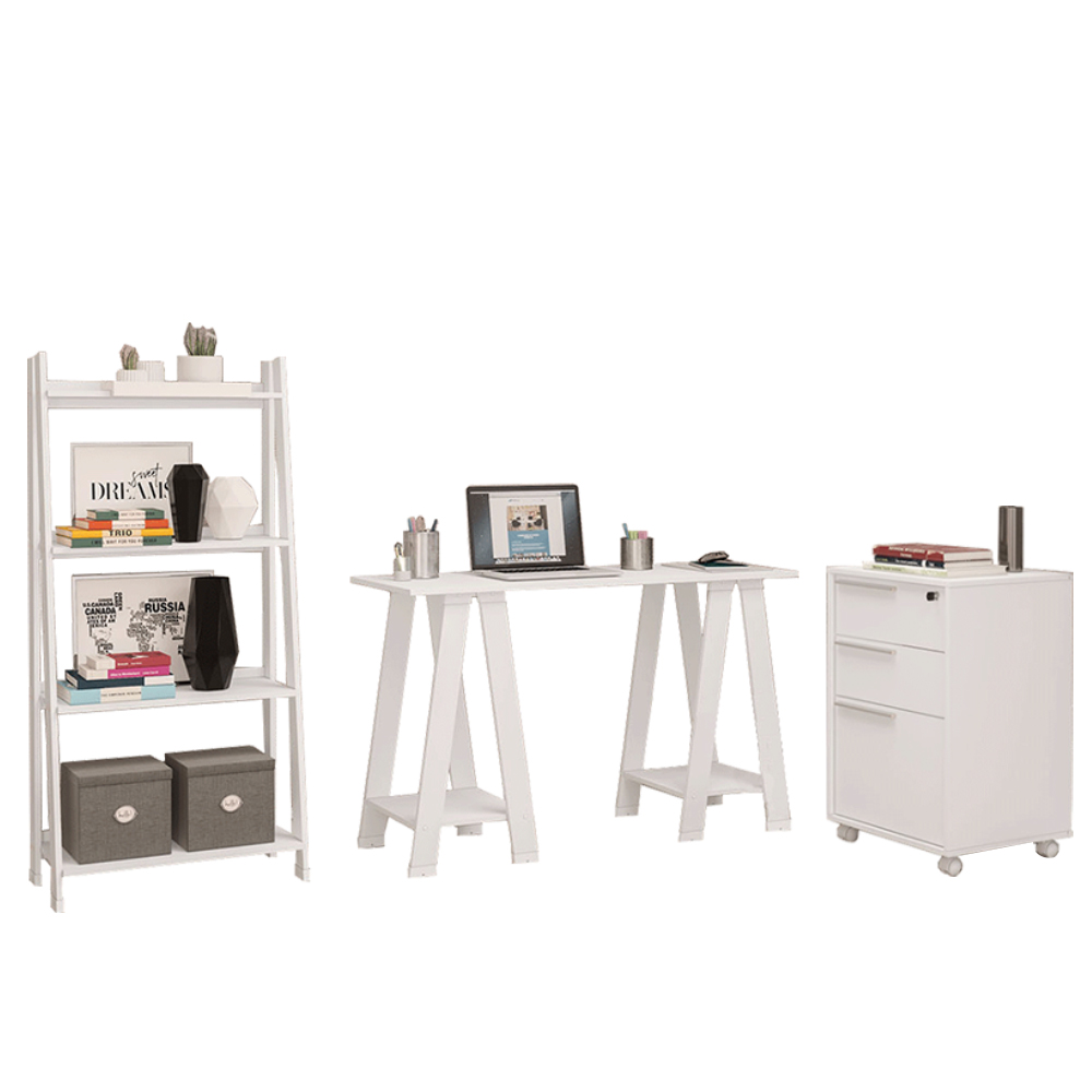 Kit Mesa Escritório Office Estante Cavalete Delta e Gaveteiro Maia 4 Gavetas P01 Branco - Lyam Decor