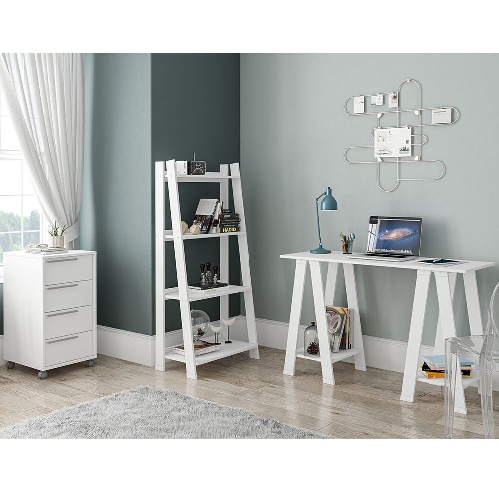 Kit Mesa Escritório Office Estante Cavalete Delta e Gaveteiro Maia 4 Gavetas P01 Branco - Lyam Decor