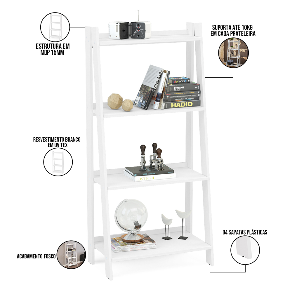 Kit Mesa Escritório Office Estante Cavalete Delta e Gaveteiro Maia 4 Gavetas P01 Branco - Lyam Decor