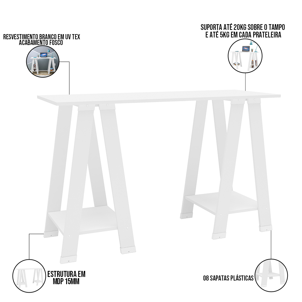 Kit Mesa Escritório Office Estante Cavalete Delta e Gaveteiro Maia 4 Gavetas P01 Branco - Lyam Decor