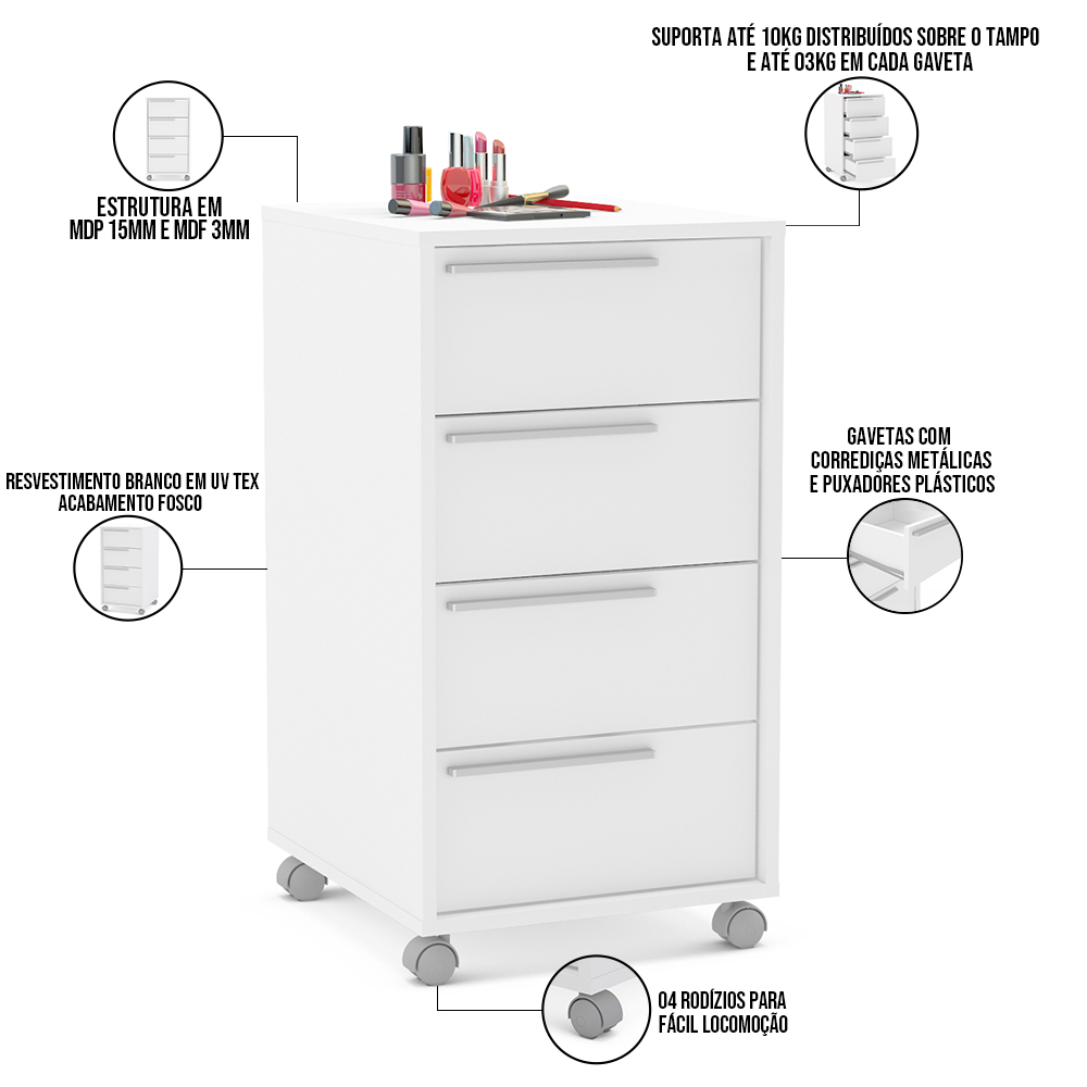Kit Mesa Escritório Office Estante Cavalete Delta e Gaveteiro Maia 4 Gavetas P01 Branco - Lyam Decor