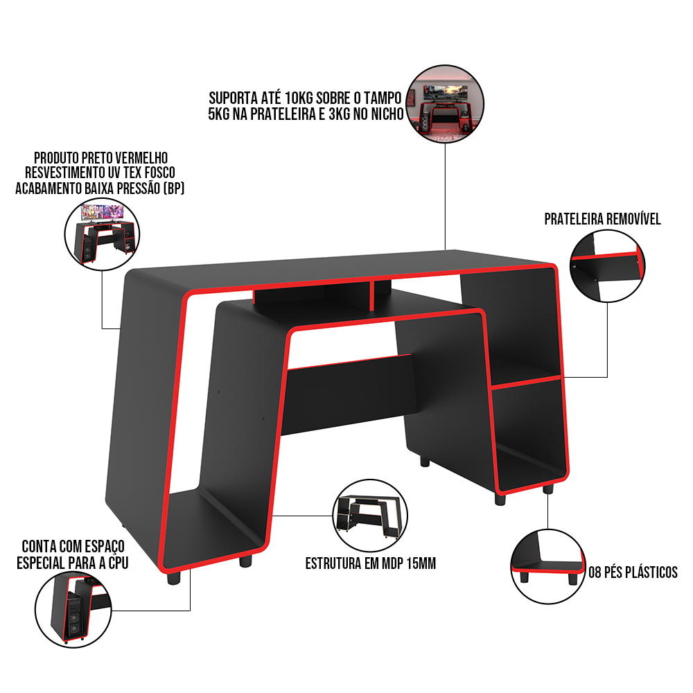 Kit Mesa Para Computador London Com Cadeira Gamer Giratória TGC12 P01 Preto Vermelho - Lyam Decor