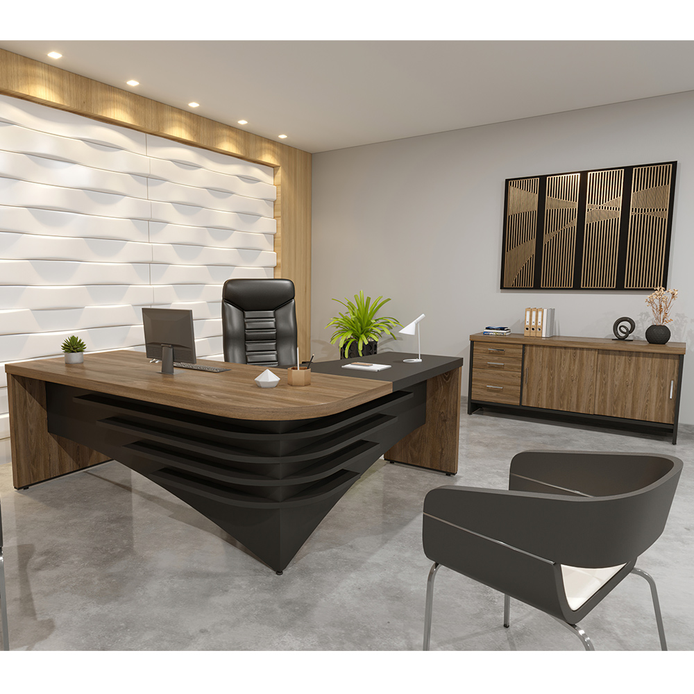 Kit Mesa Para Escritório Diretor LE 200x180 E Balcão Atria Executiva A02 Charuto Preto - Lyam Decor