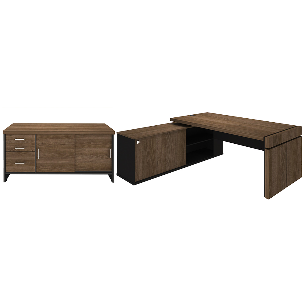 Kit Mesa Para Escritório Em L Tomada 200x183 E Balcão Atria Executiva A02 Charuto Preto - Lyam Decor