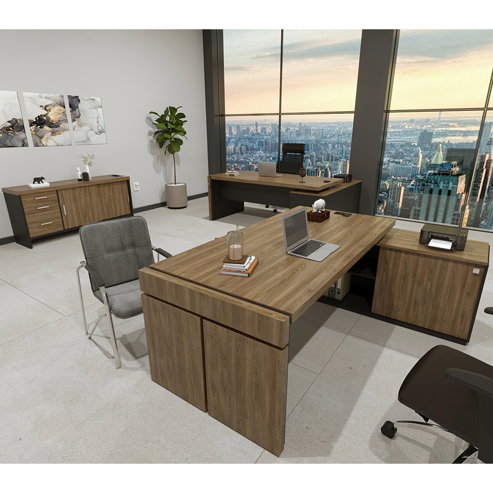 Kit Mesa Para Escritório Em L Tomada 200x183 E Balcão Atria Executiva A02 Charuto Preto - Lyam Decor
