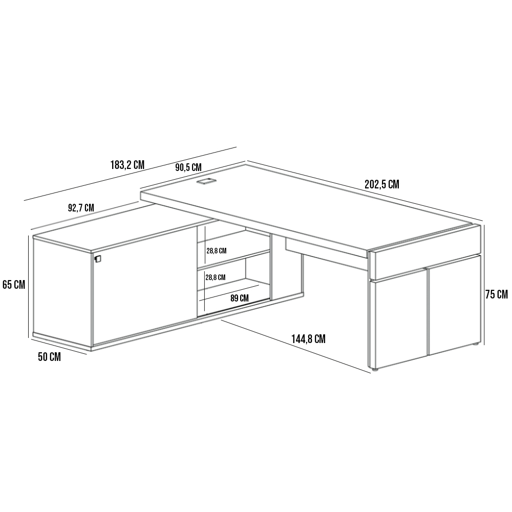 Kit Mesa Para Escritório Em L Tomada 200x183 E Balcão Atria Executiva A02 Charuto Preto - Lyam Decor