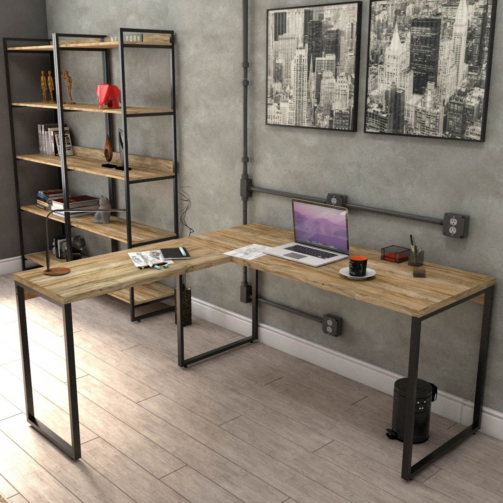 Kit Mesa Para Escritório Industrial em L com 2 Estantes com 5 Prateleiras Form C01 Carvalho - Lyam Decor