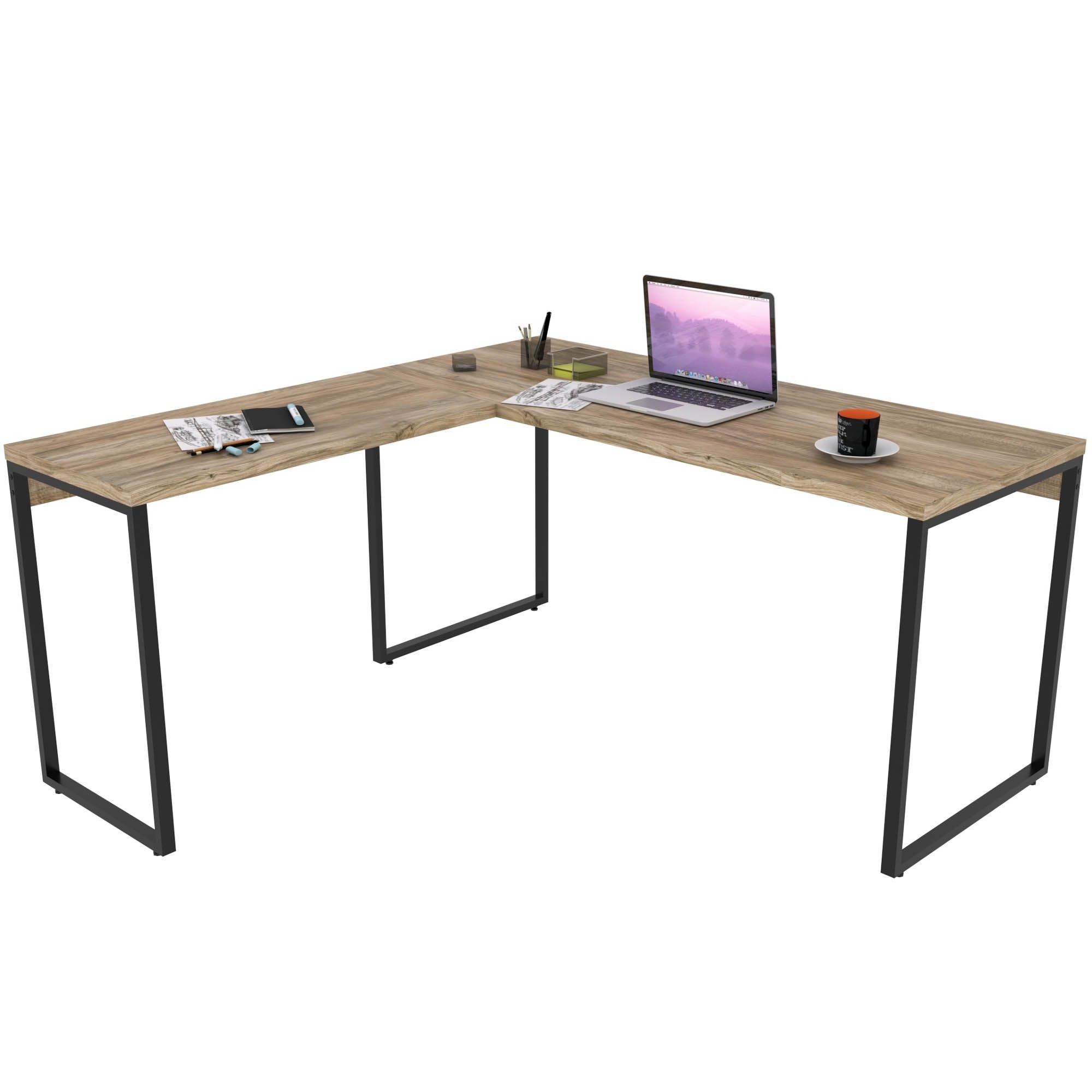 Kit Mesa Para Escritório Industrial em L com 2 Estantes com 5 Prateleiras Form C01 Carvalho - Lyam Decor