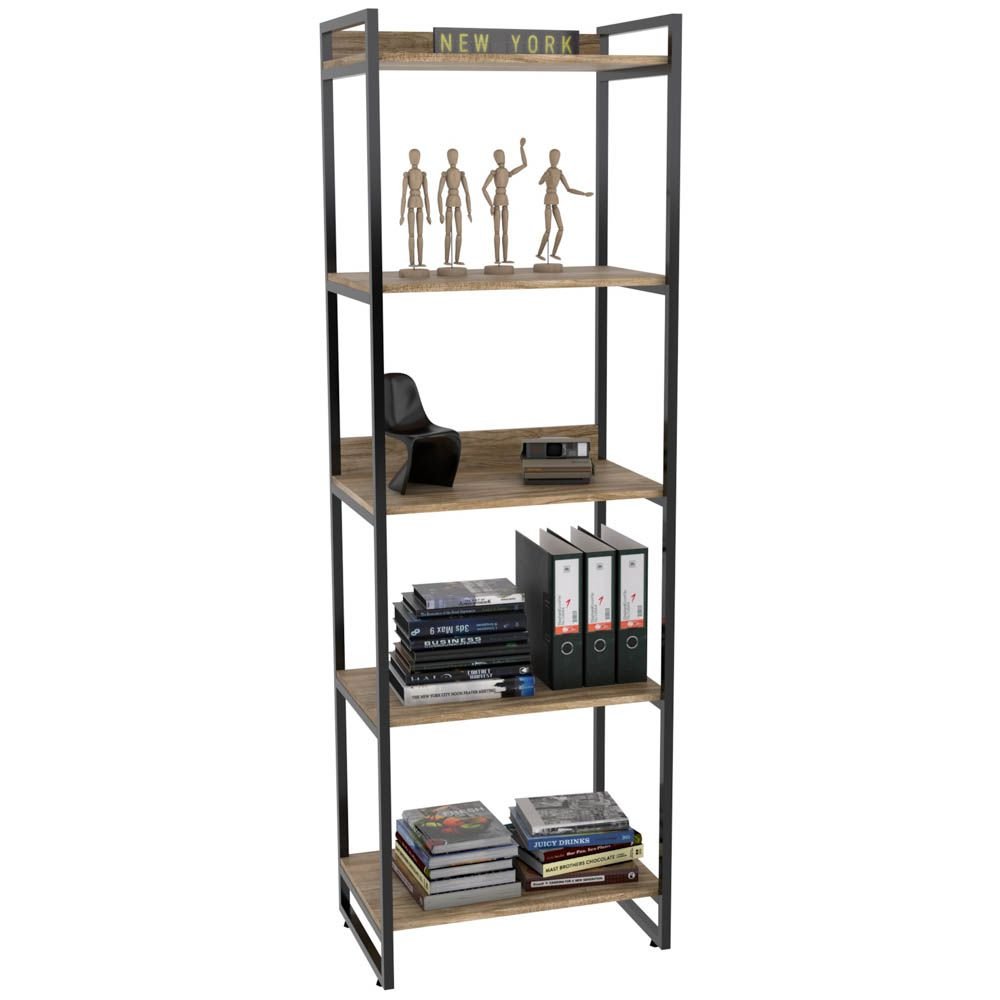 Kit Mesa Para Escritório Industrial em L com 2 Estantes com 5 Prateleiras Form C01 Carvalho - Lyam Decor