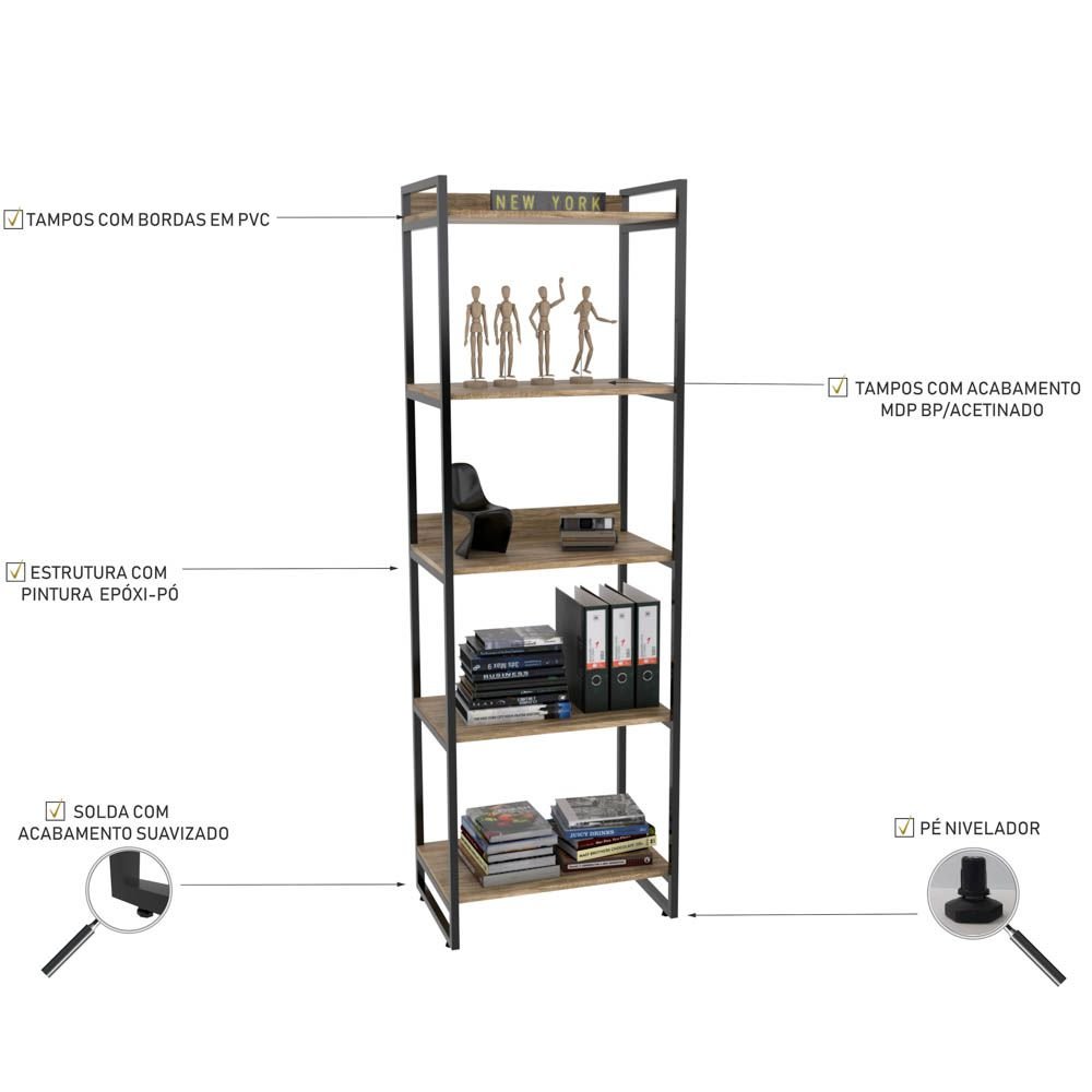 Kit Mesa Para Escritório Industrial em L com 2 Estantes com 5 Prateleiras Form C01 Carvalho - Lyam Decor