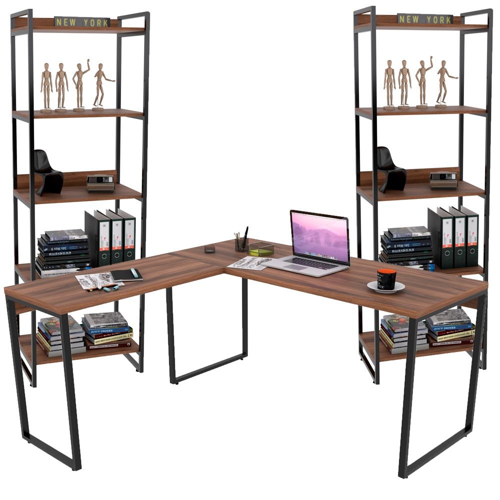 Kit Mesa Para Escritório Industrial em L com 2 Estantes com 5 Prateleiras Form C01 Nogal - Lyam Decor
