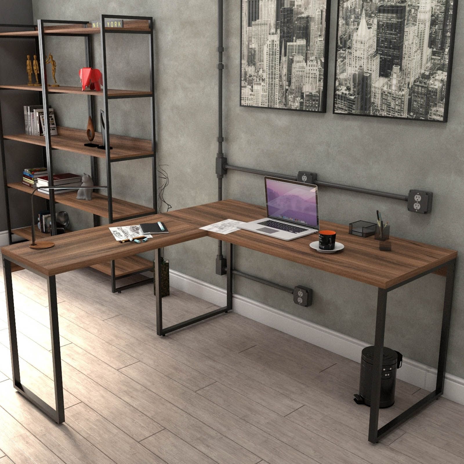 Kit Mesa Para Escritório Industrial em L com 2 Estantes com 5 Prateleiras Form C01 Nogal - Lyam Decor