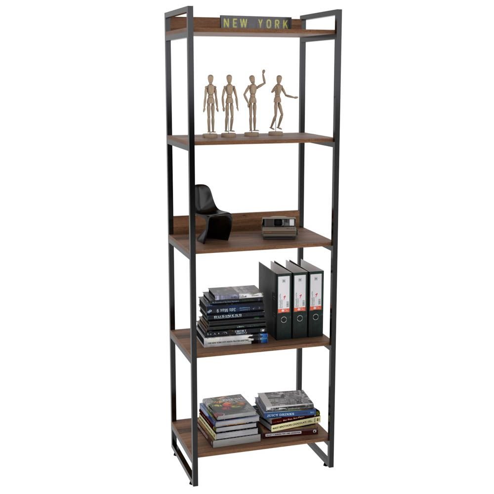 Kit Mesa Para Escritório Industrial em L com 2 Estantes com 5 Prateleiras Form C01 Nogal - Lyam Decor
