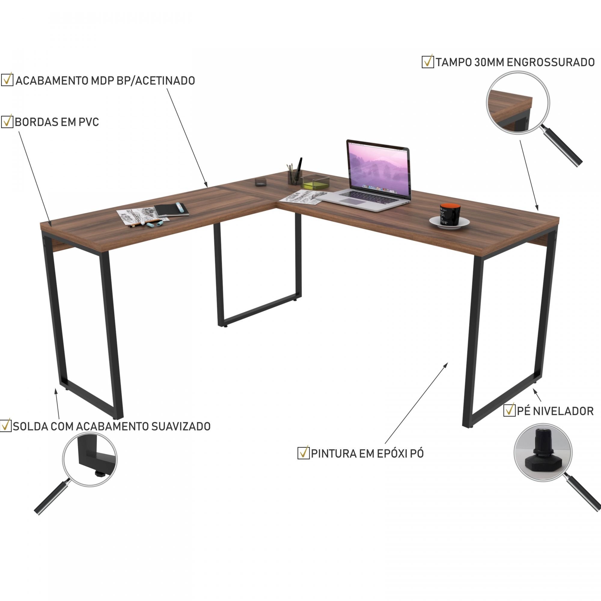 Kit Mesa Para Escritório Industrial em L com 2 Estantes com 5 Prateleiras Form C01 Nogal - Lyam Decor