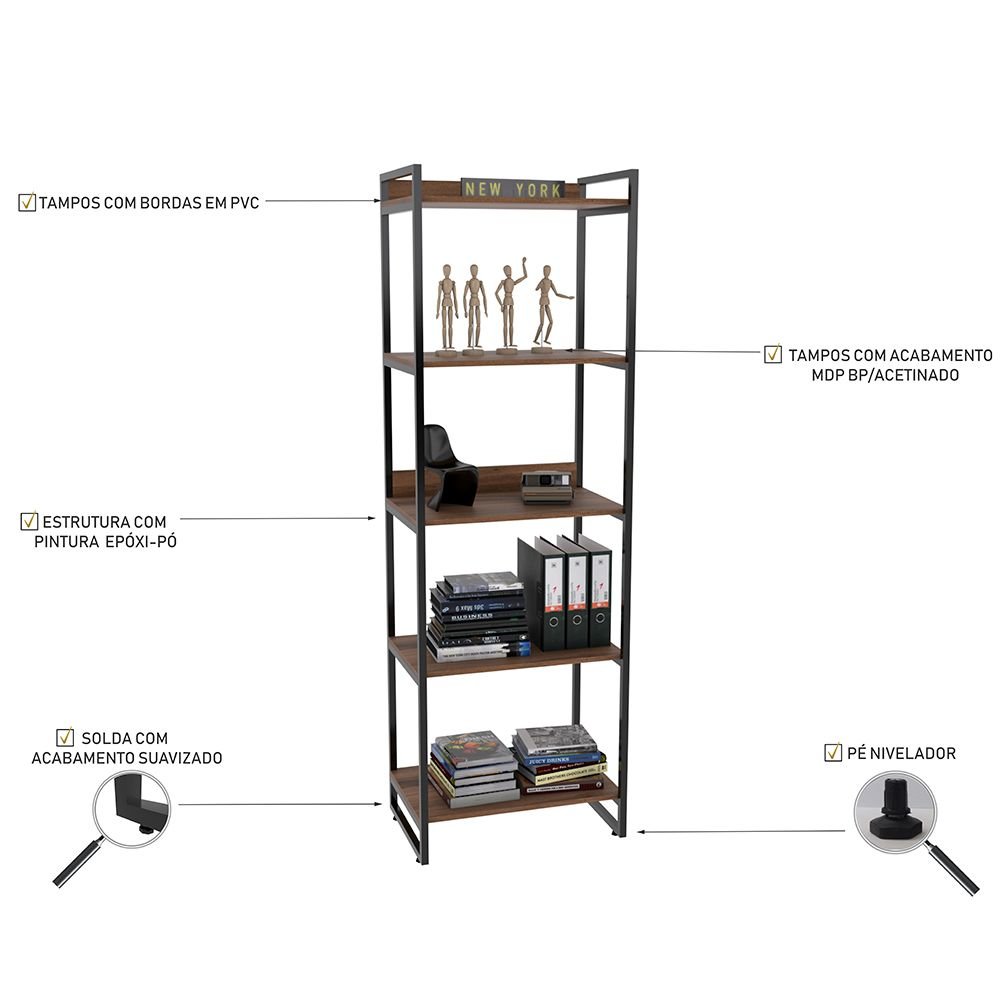 Kit Mesa Para Escritório Industrial em L com 2 Estantes com 5 Prateleiras Form C01 Nogal - Lyam Decor