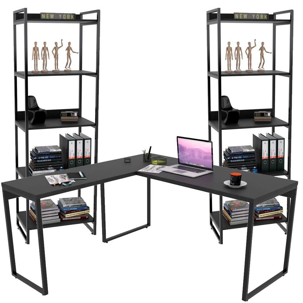 Kit Mesa Para Escritório Industrial em L com 2 Estantes com 5 Prateleiras Form C01 Preto - Lyam Decor