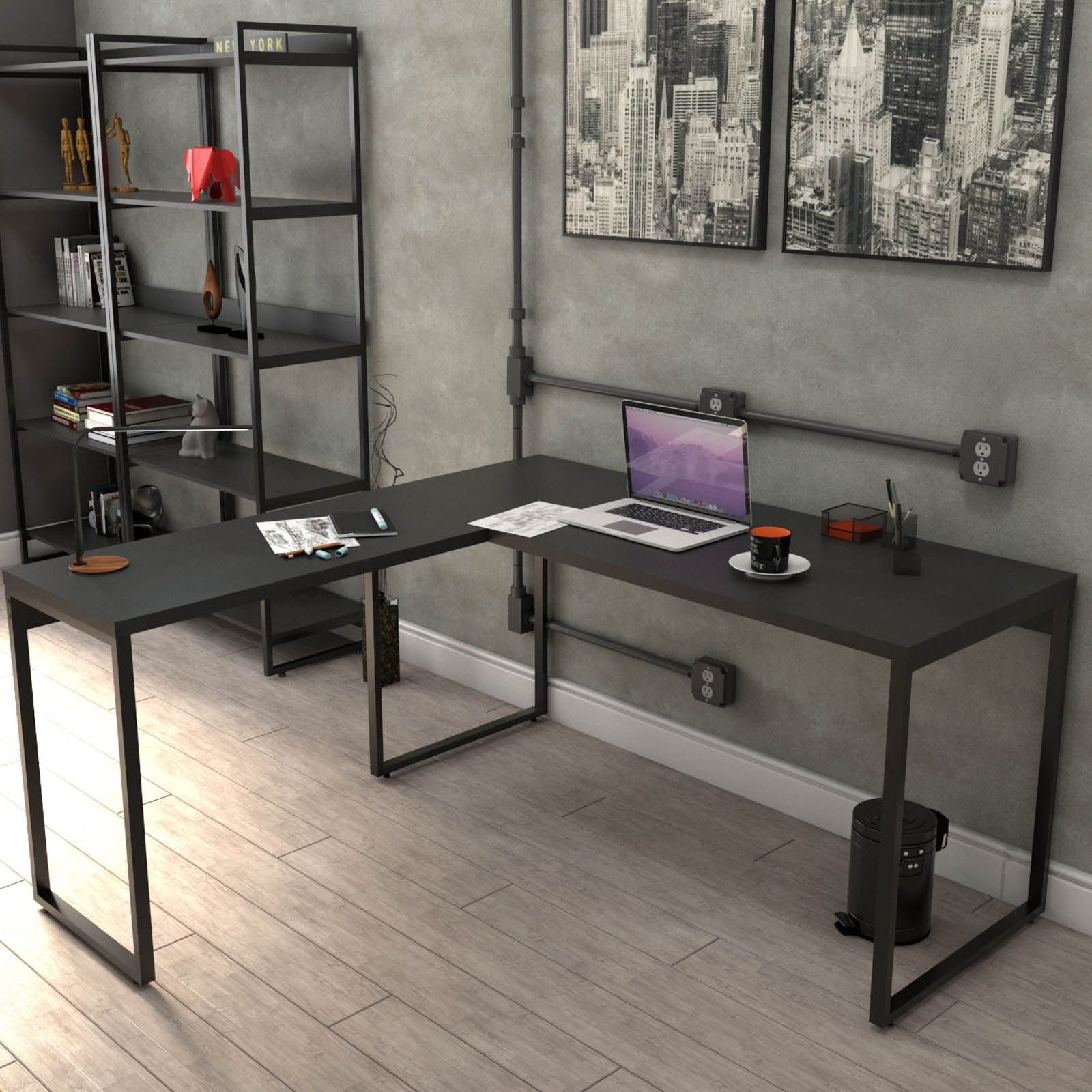 Kit Mesa Para Escritório Industrial em L com 2 Estantes com 5 Prateleiras Form C01 Preto - Lyam Decor