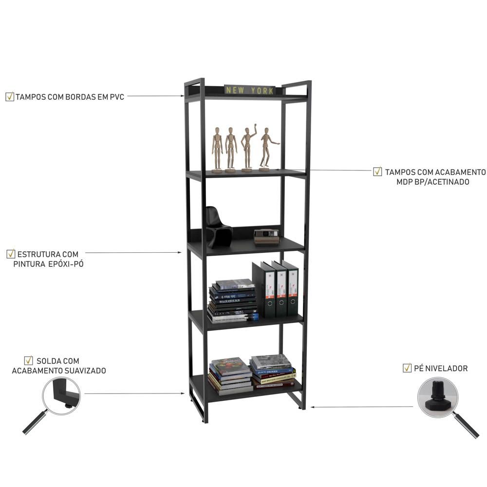 Kit Mesa Para Escritório Industrial em L com 2 Estantes com 5 Prateleiras Form C01 Preto - Lyam Decor