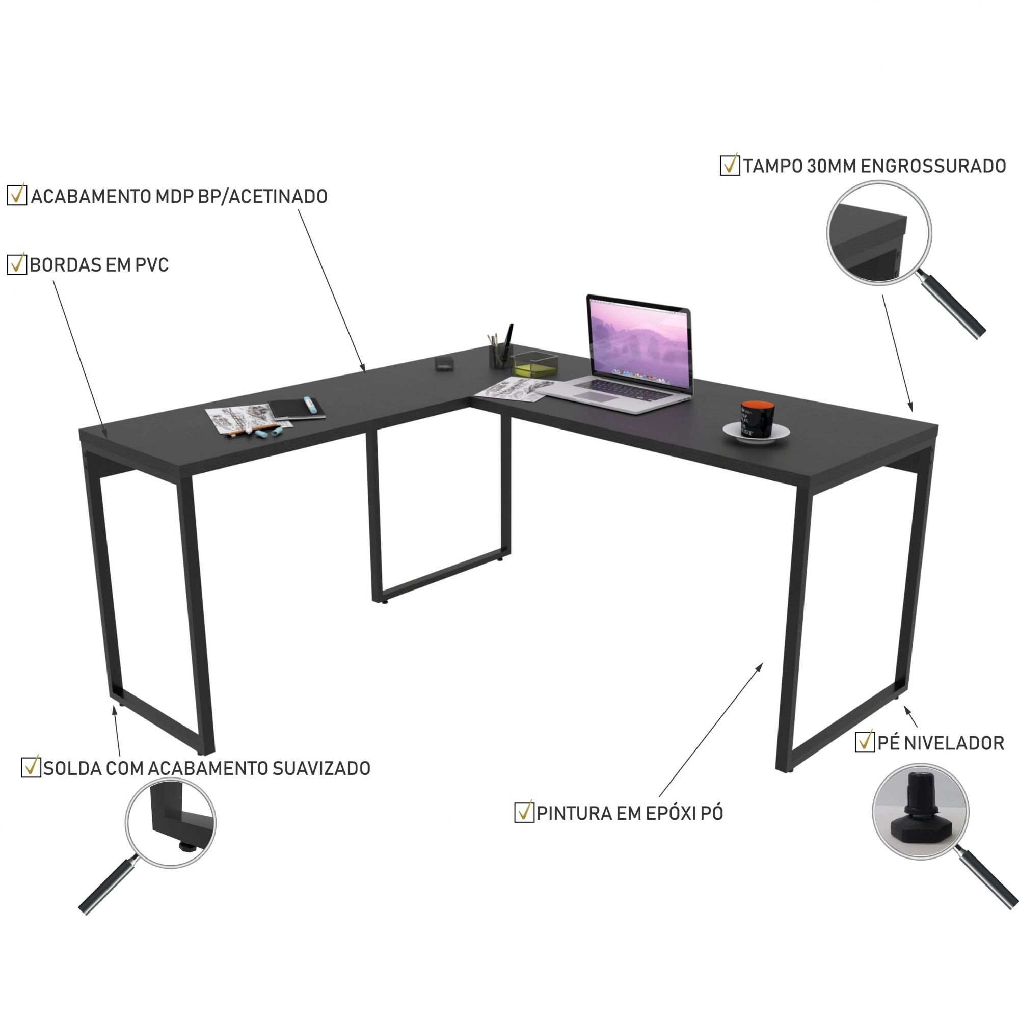 Kit Mesa Para Escritório Industrial em L com 2 Estantes com 5 Prateleiras Form C01 Preto - Lyam Decor