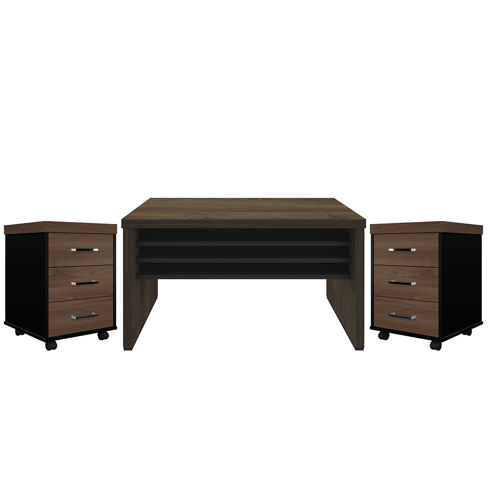 Kit Mesa Para Escritório Office 135cm E 2 Gaveteiros Atria Executiva A02 Charuto Preto - Lyam Decor