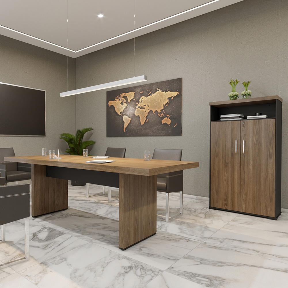 Kit Mesa Para Escritório Reunião 204x90cm Com Armário Atria Executiva A02 Charuto Preto - Lyam Decor