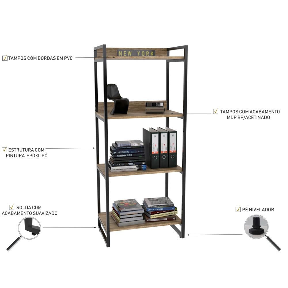 Kit Mesa Para Escritório com Estante 4 Prateleiras Industrial Form C01 120 cm Carvalho - Lyam Decor