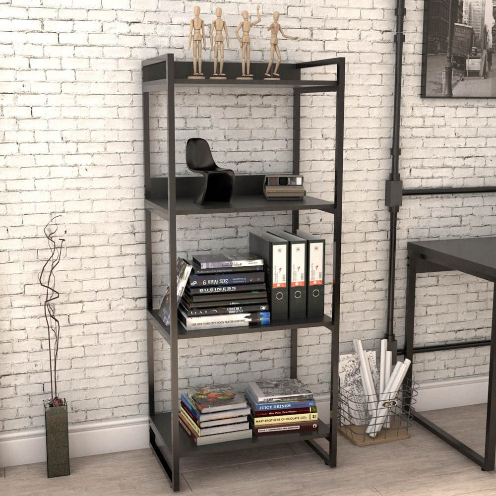 Kit Mesa Para Escritório com Estante 4 Prateleiras Industrial Form C01 120 cm Preto Onix - Lyam Decor