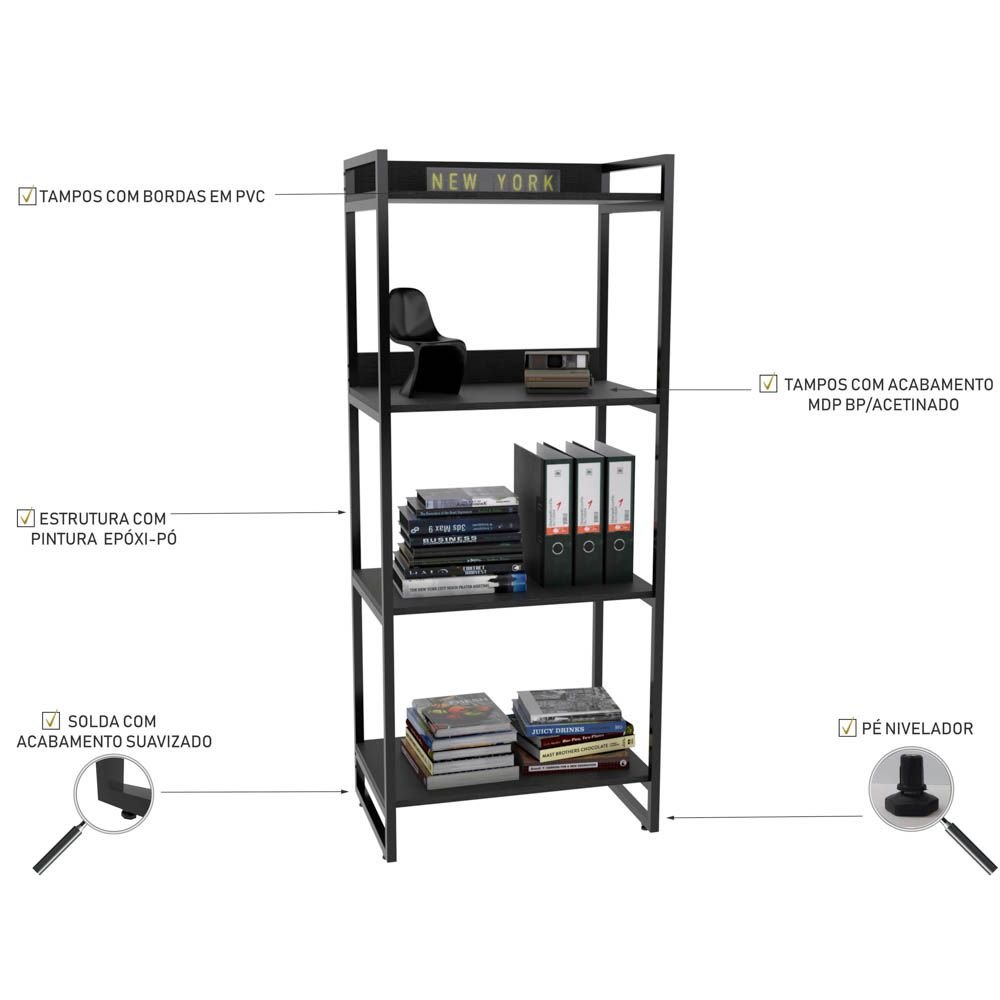 Kit Mesa Para Escritório com Estante 4 Prateleiras Industrial Form C01 120 cm Preto Onix - Lyam Decor