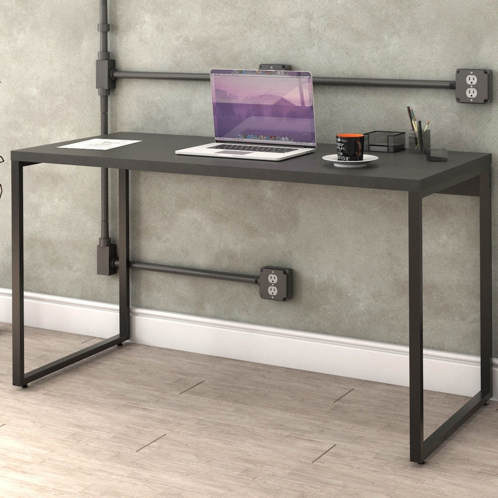 Kit Mesa Para Escritório com Estante 4 Prateleiras Industrial Form C01 135 cm Preto Onix - Lyam Decor
