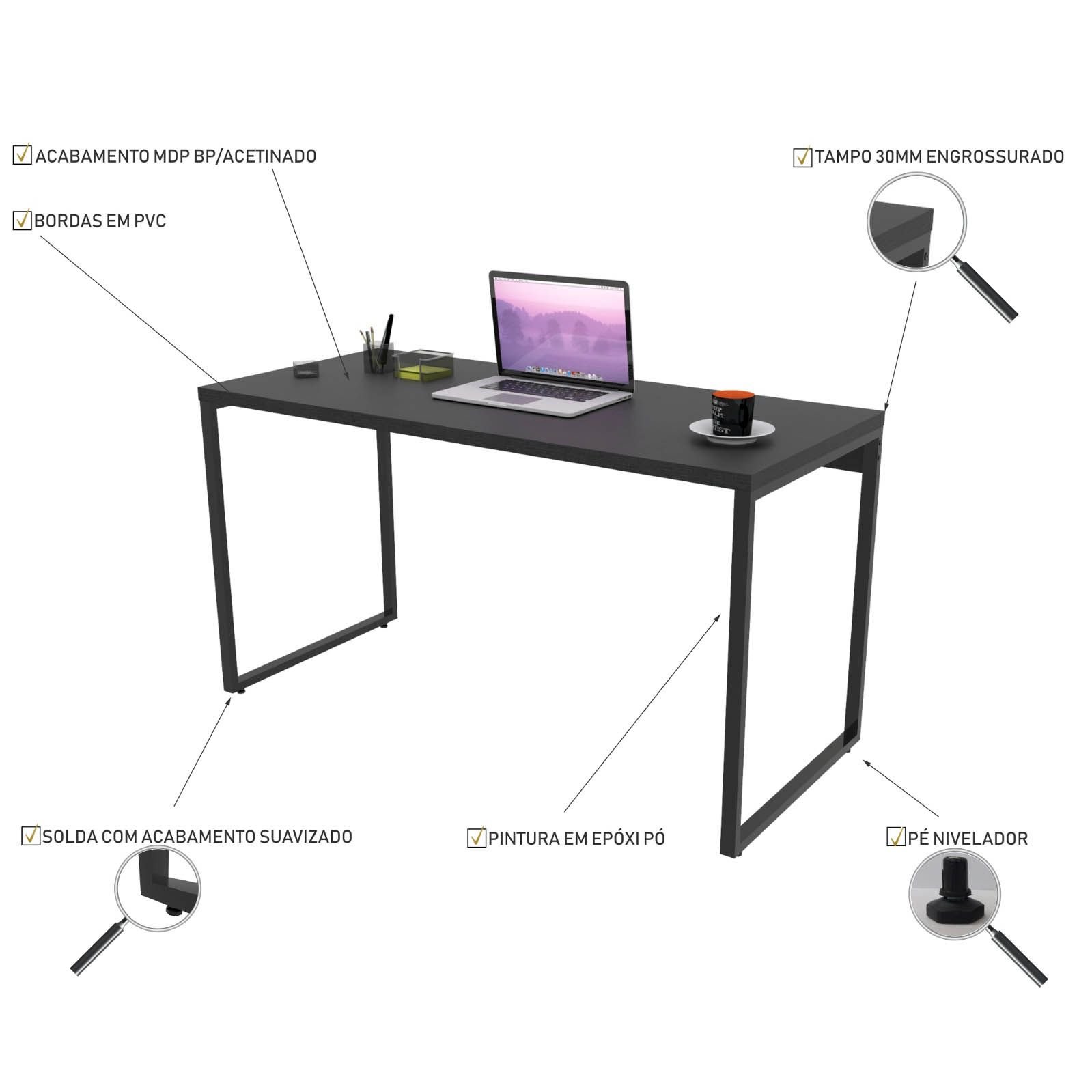 Kit Mesa Para Escritório com Estante 4 Prateleiras Industrial Form C01 135 cm Preto Onix - Lyam Decor