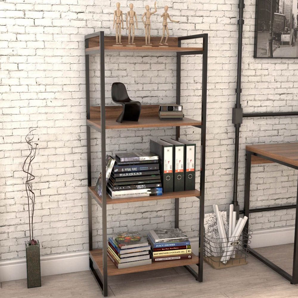 Kit Mesa Para Escritório com Estante 4 Prateleiras Industrial Form C01 150 cm Nogal - Lyam Decor