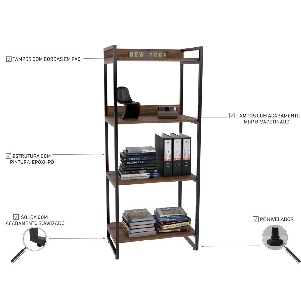 Kit Mesa Para Escritório com Estante 4 Prateleiras Industrial Form C01 150 cm Nogal - Lyam Decor