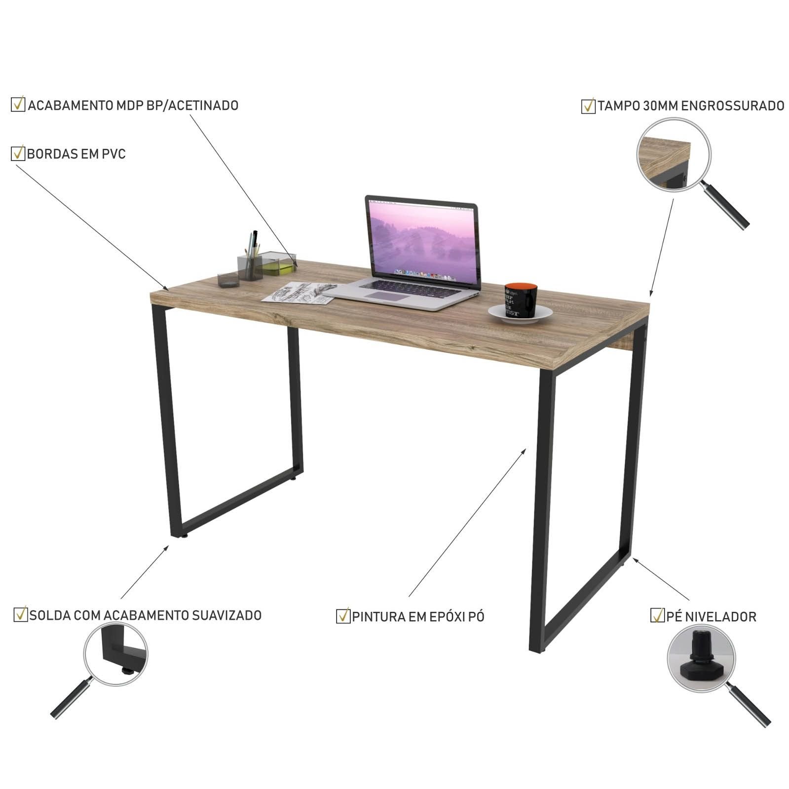 Kit Mesa Para Escritório com Estante Office Estilo Industrial Form C01 120 cm Carvalho - Lyam Decor