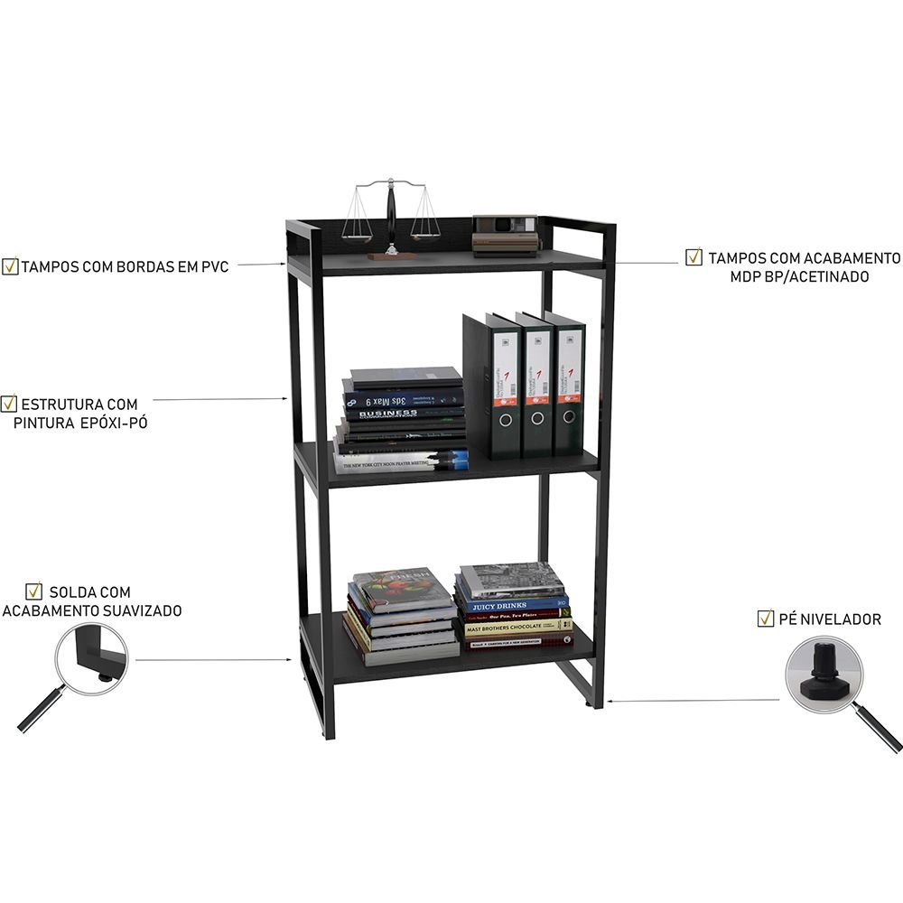 Kit Mesa Para Escritório com Estante Office Estilo Industrial Form C01 120 cm Preto Onix - Lyam Decor