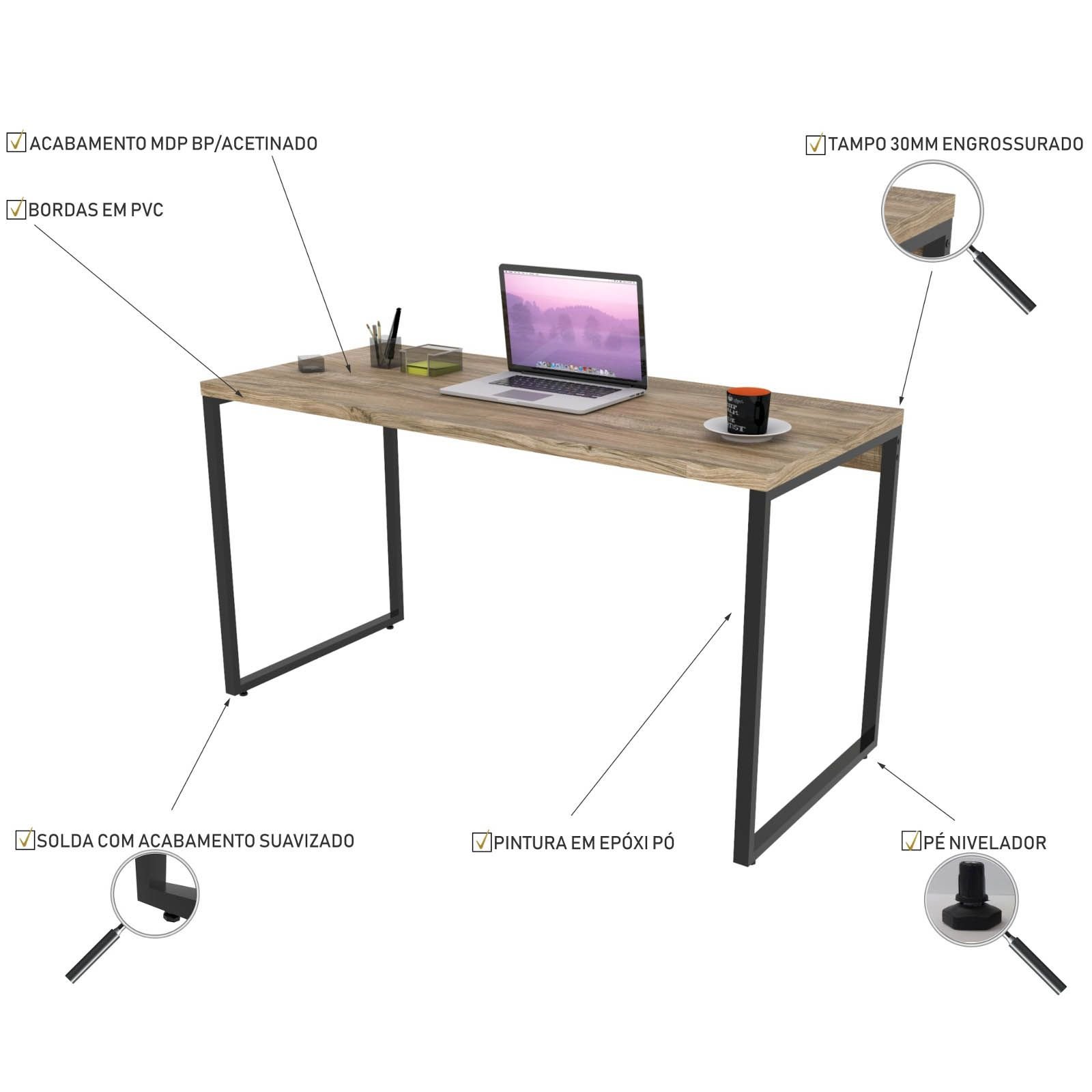 Kit Mesa Para Escritório com Estante Office Estilo Industrial Form C01 135 cm Carvalho - Lyam Decor