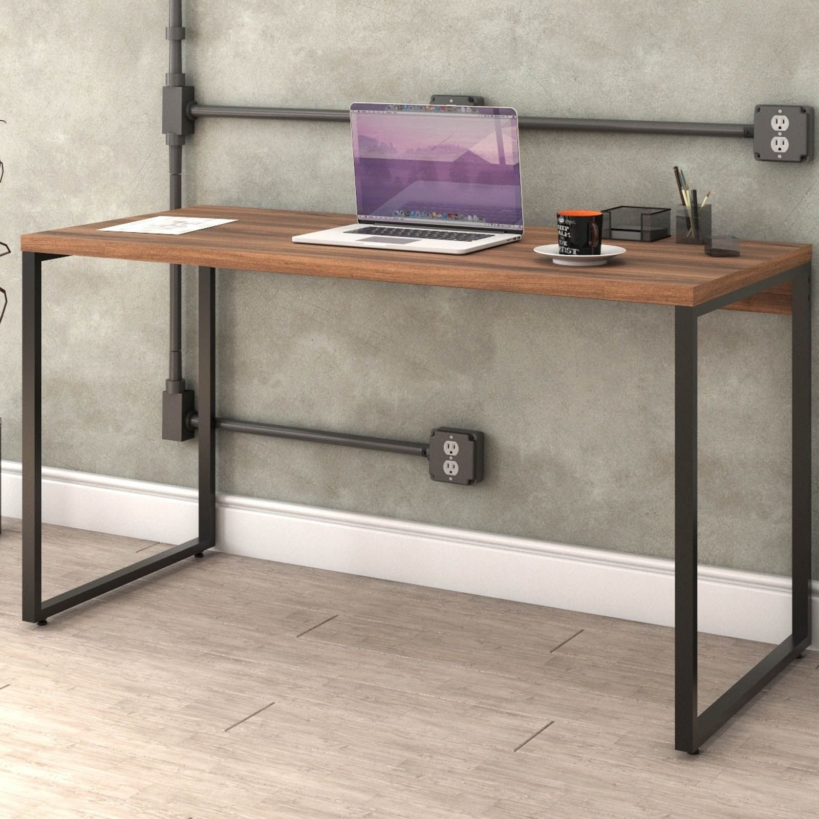 Kit Mesa Para Escritório com Estante Office Estilo Industrial Form C01 135 cm Nogal - Lyam Decor