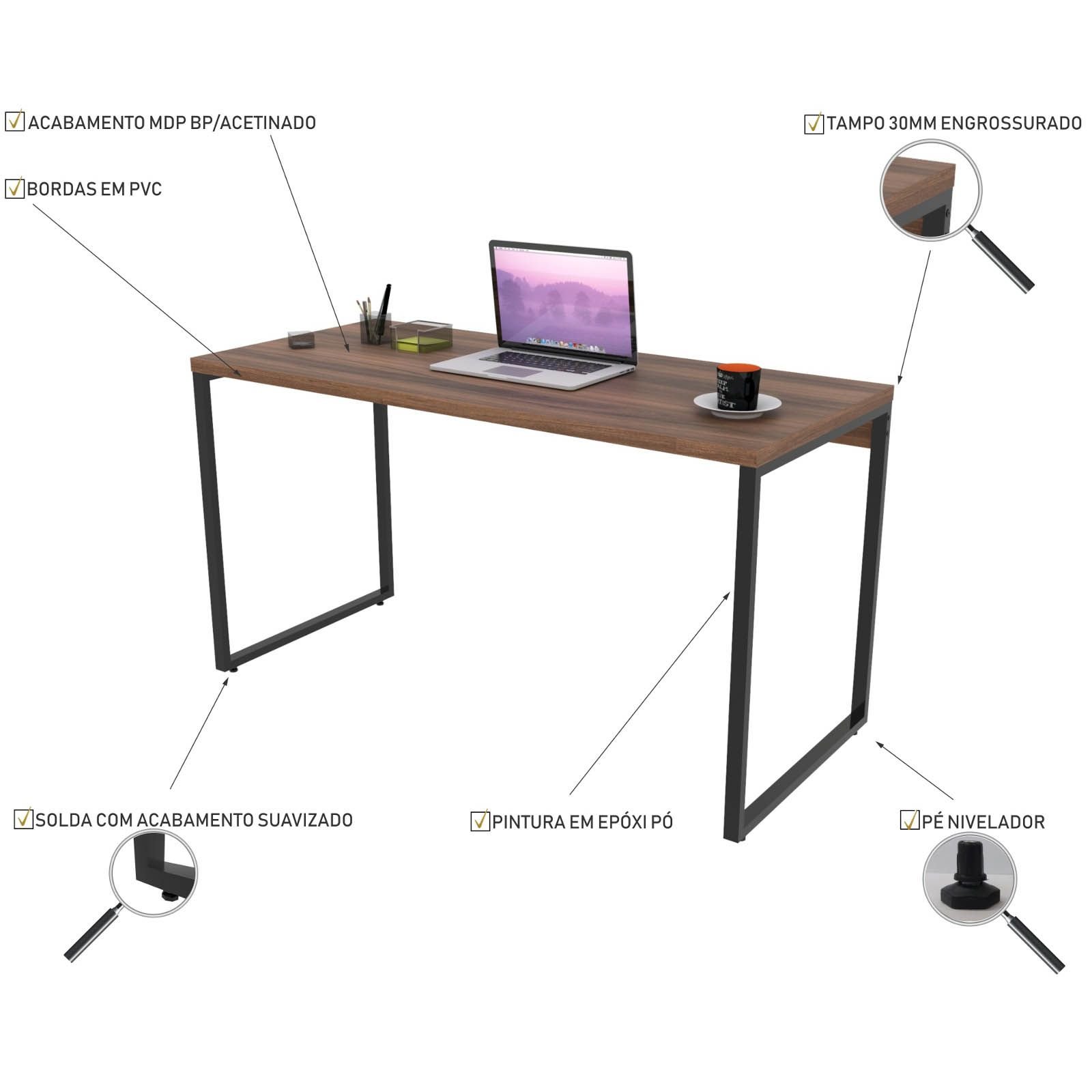 Kit Mesa Para Escritório com Estante Office Estilo Industrial Form C01 135 cm Nogal - Lyam Decor