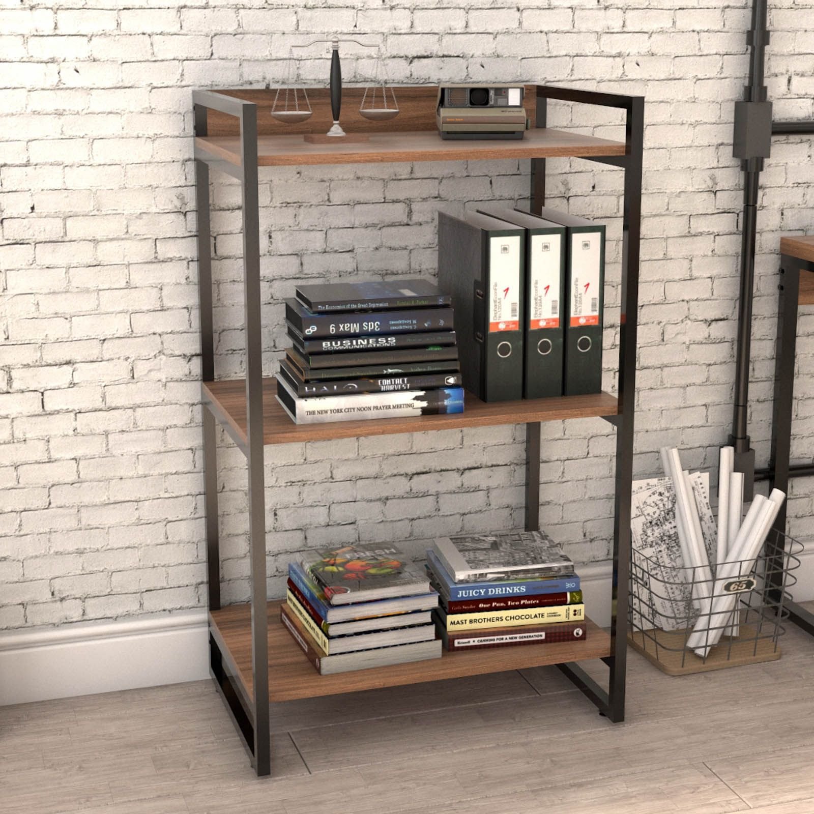 Kit Mesa Para Escritório com Estante Office Estilo Industrial Form C01 150 cm Nogal - Lyam Decor
