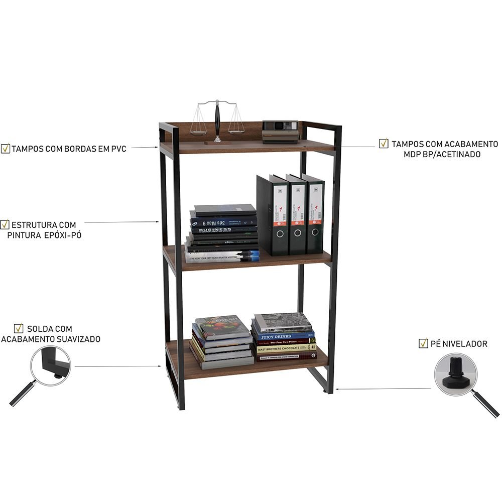 Kit Mesa Para Escritório com Estante Office Estilo Industrial Form C01 150 cm Nogal - Lyam Decor