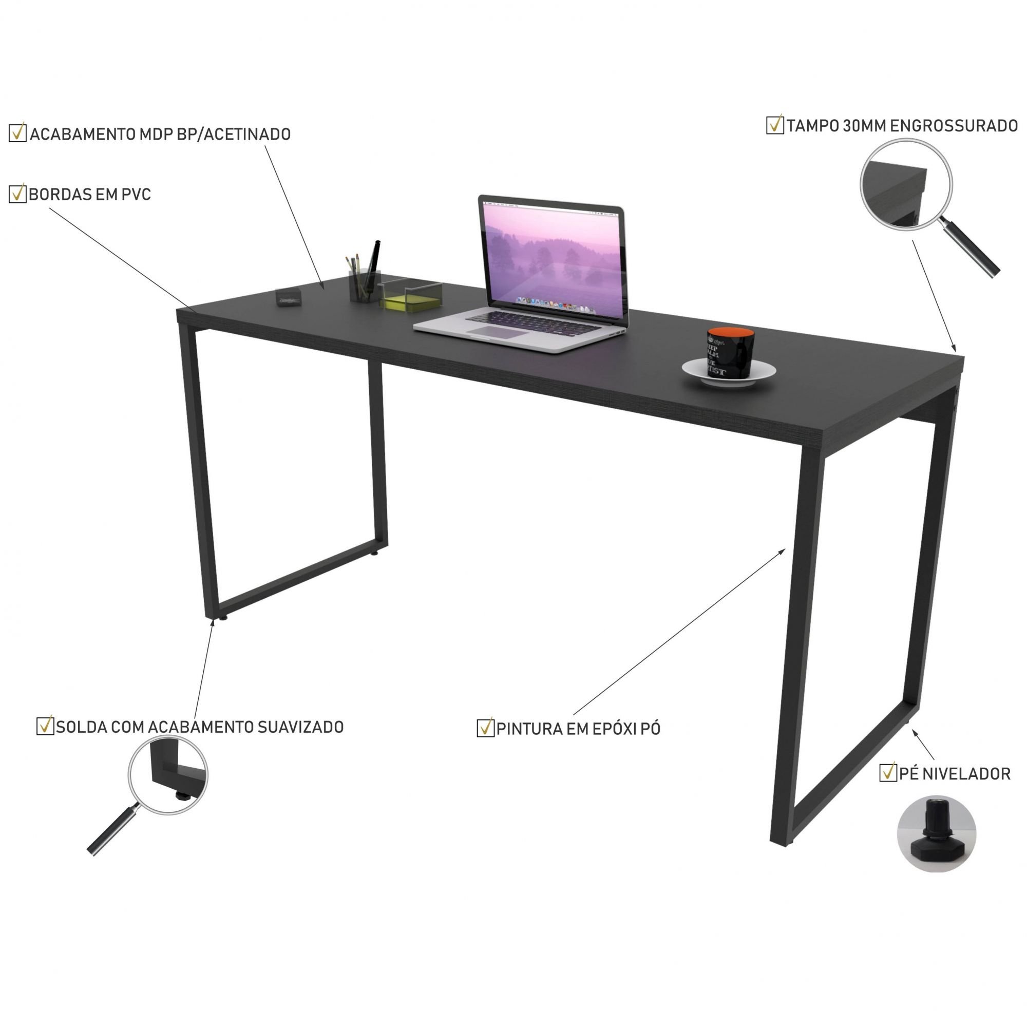 Kit Mesa Para Escritório com Estante Office Estilo Industrial Form C01 150 cm Preto Onix - Lyam Decor
