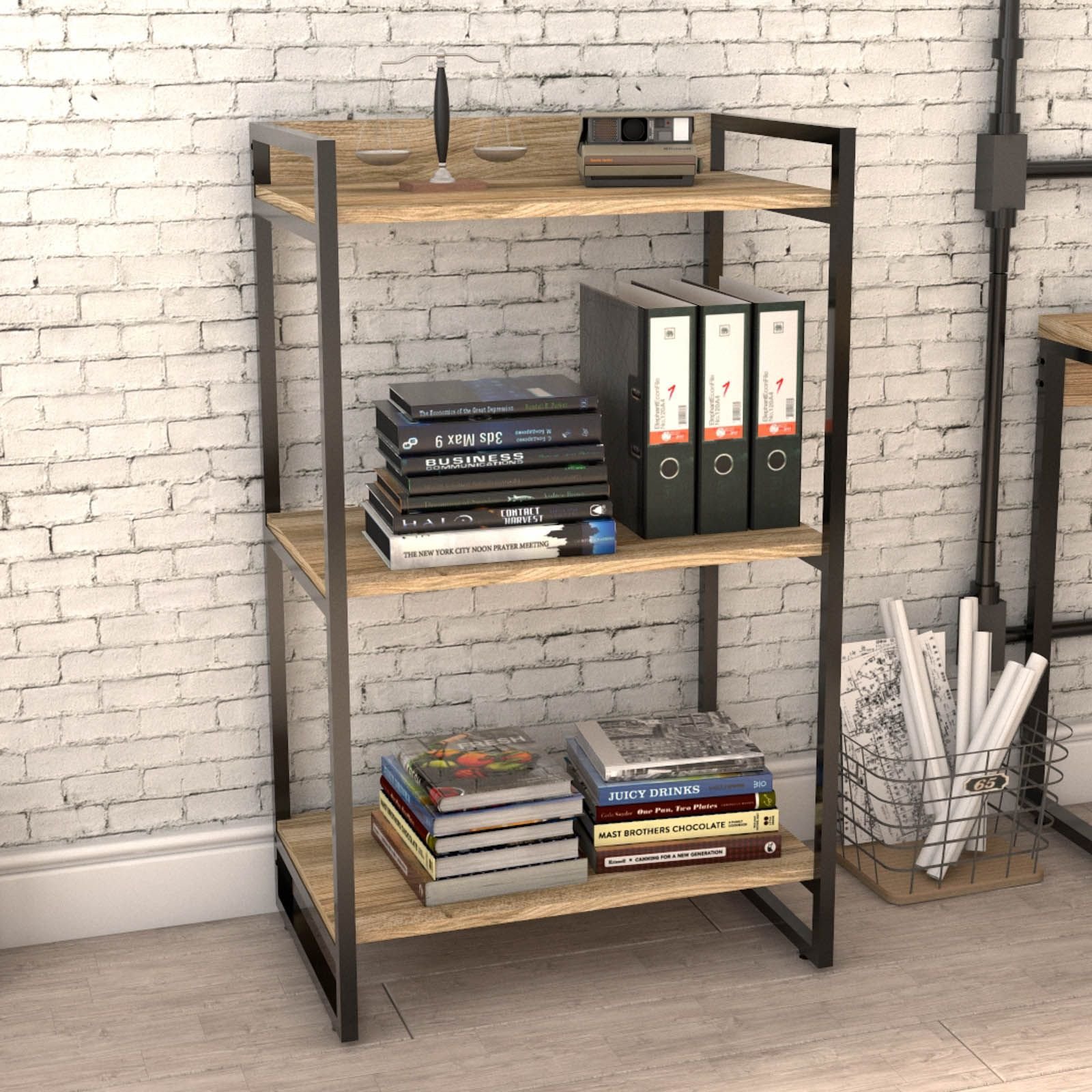 Kit Mesa Para Escritório com Estante Office Estilo Industrial Form C01 90 cm Carvalho - Lyam Decor