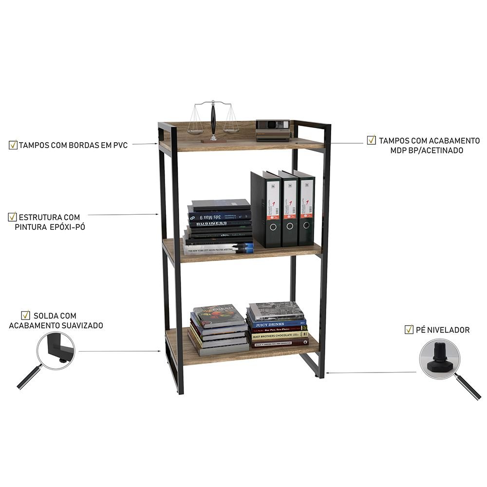 Kit Mesa Para Escritório com Estante Office Estilo Industrial Form C01 90 cm Carvalho - Lyam Decor