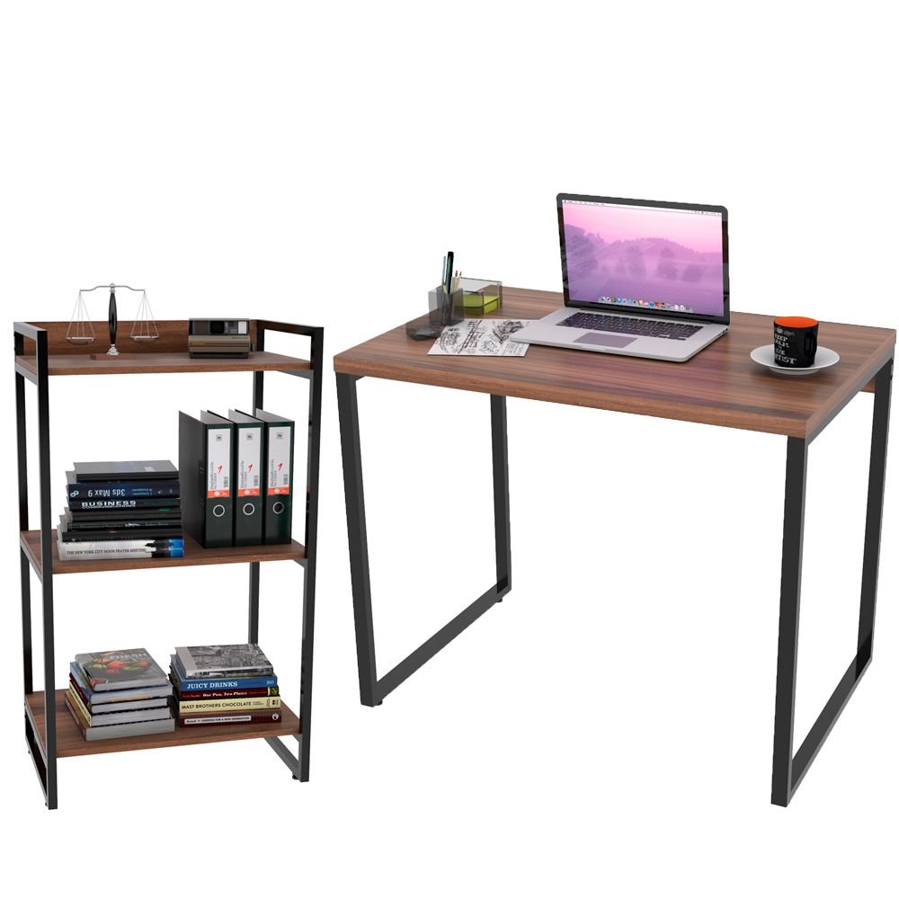 Kit Mesa Para Escritório com Estante Office Estilo Industrial Form C01 90 cm Nogal - Lyam Decor
