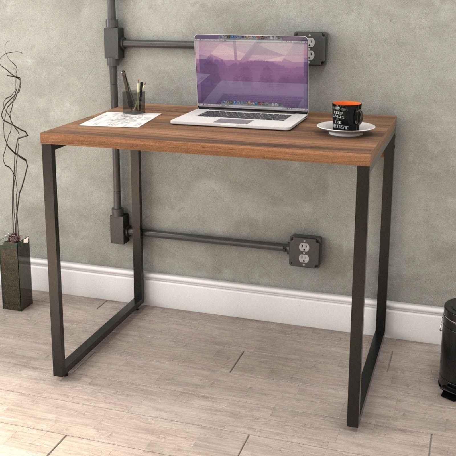 Kit Mesa Para Escritório com Estante Office Estilo Industrial Form C01 90 cm Nogal - Lyam Decor