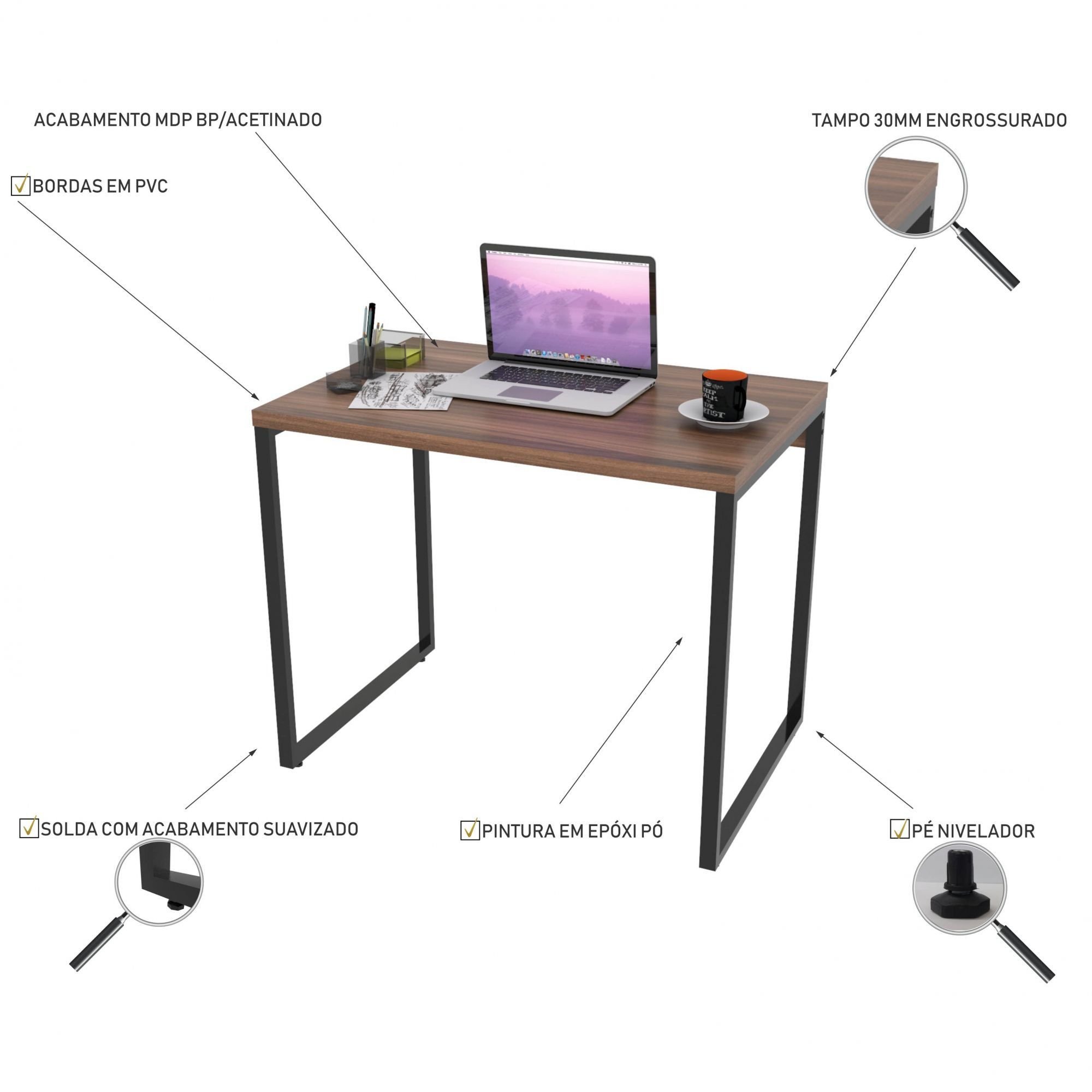 Kit Mesa Para Escritório com Estante Office Estilo Industrial Form C01 90 cm Nogal - Lyam Decor