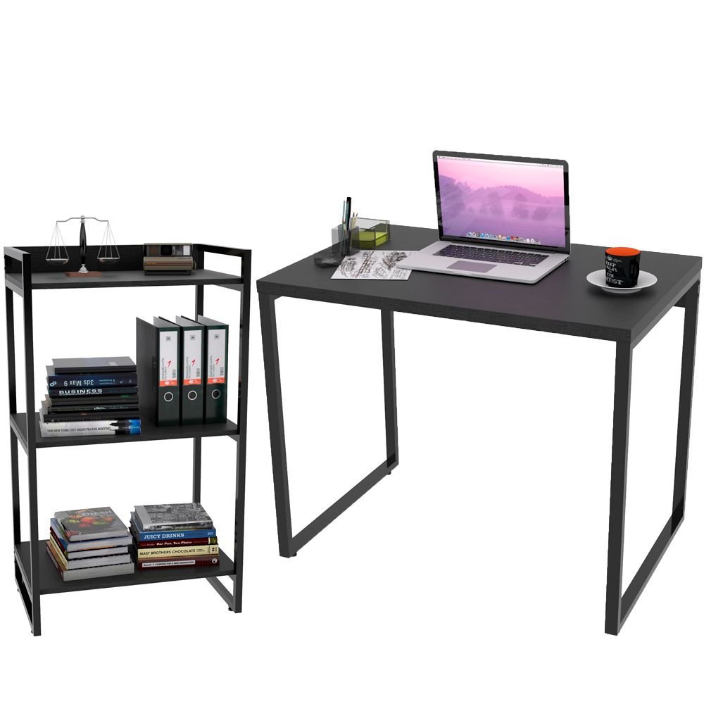 Kit Mesa Para Escritório com Estante Office Estilo Industrial Form C01 90 cm Preto Onix - Lyam Decor