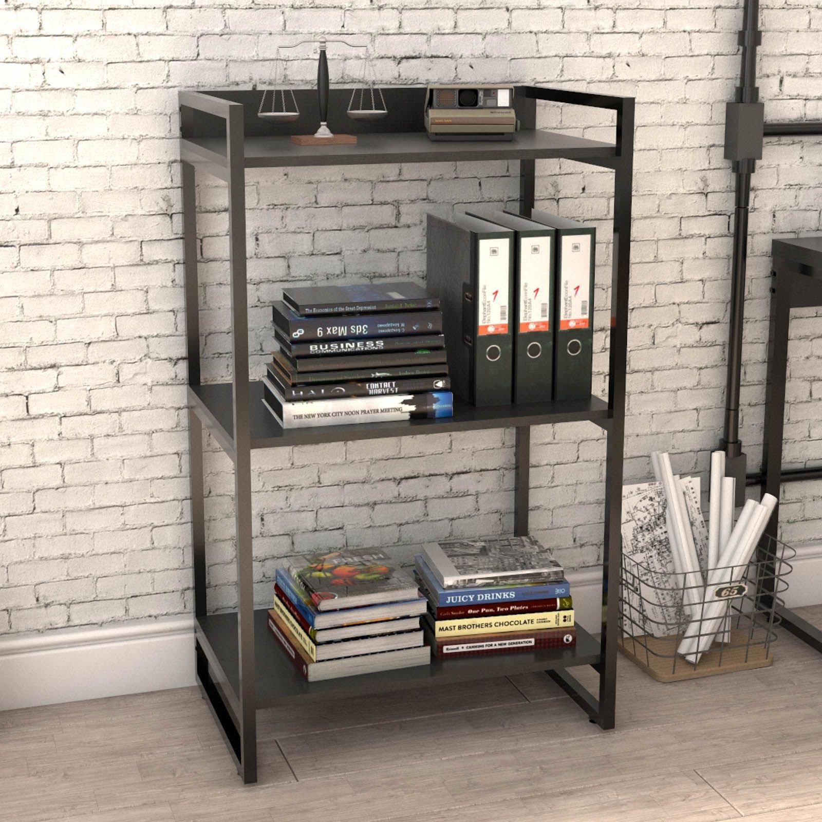 Kit Mesa Para Escritório com Estante Office Estilo Industrial Form C01 90 cm Preto Onix - Lyam Decor